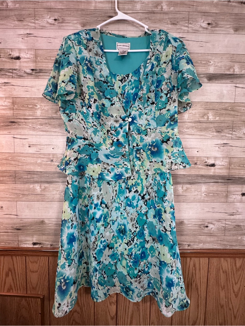 Vintage Karin Stevens Floral Chiffon Jacket Dress Set Teal Blue Midi Size 14